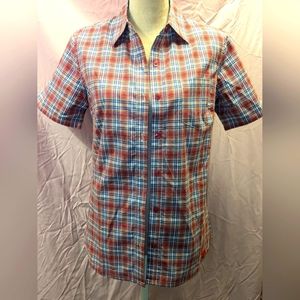 Dickies NWOT women's pink purple yellow plaid button up fitted shirt size small